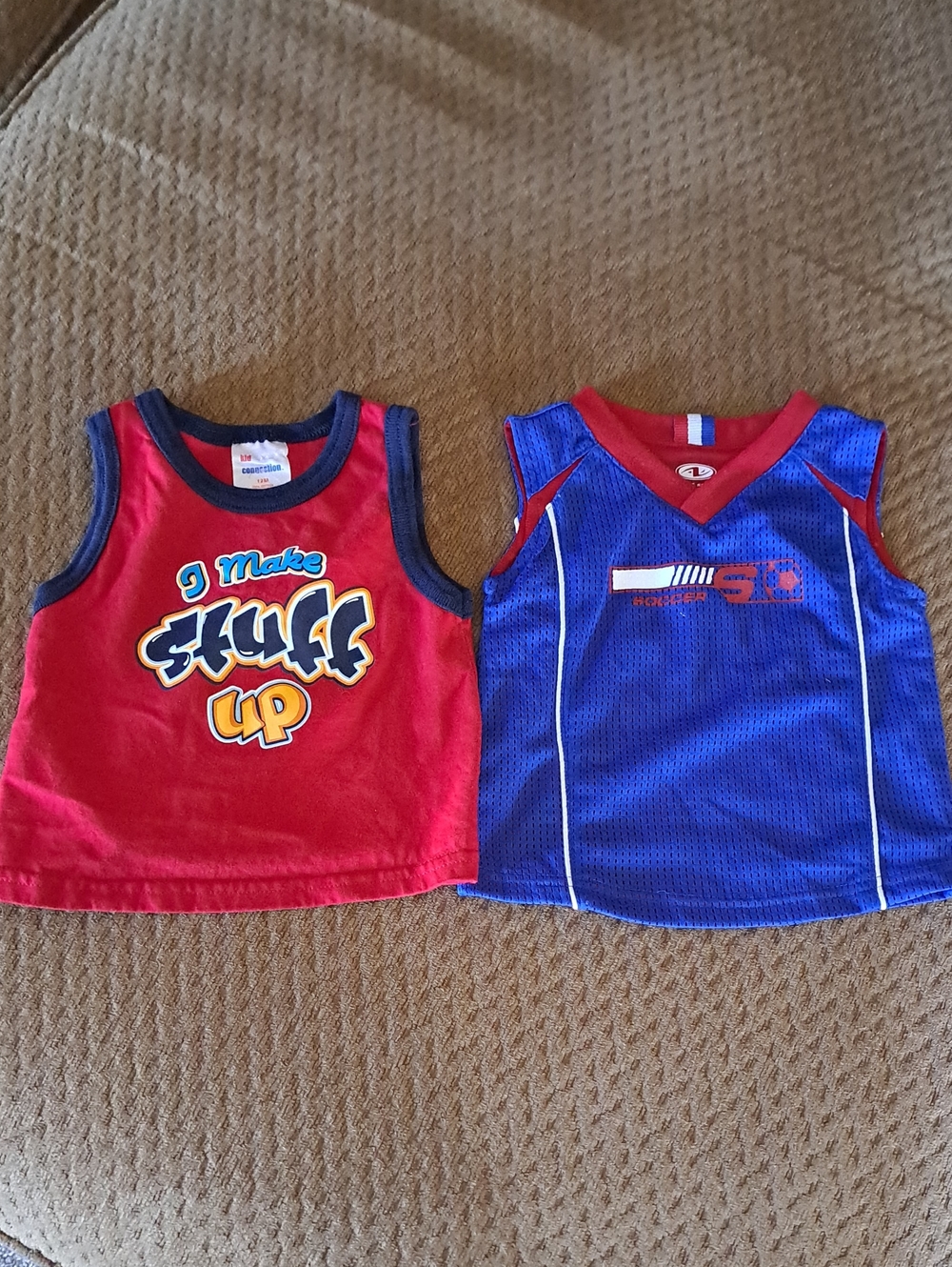 (2) 12 Months Boys Sleeveless  Athletic Soccer & Fun "I Make Stuff Up" TankTops